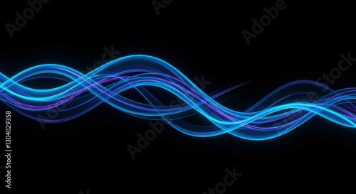 Glowing energy waves, neon blue and purple, flowing curves, abstract light trails, black background, digital art, futuristic, vibrant colors, dynamic motion, ethereal, sleek design, high contrast, lum