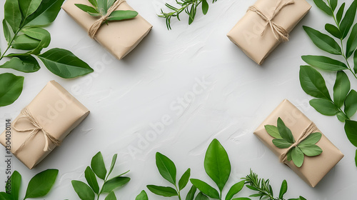 A serene arrangement of wrapped gifts adorned with green leaves, creating a natural and aesthetic presentation on a light surface.