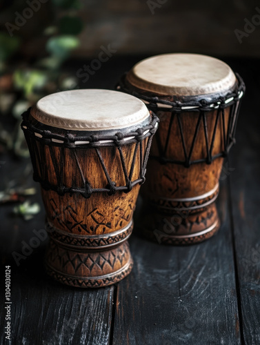 A handcrafted bongo drum on a black wooden table