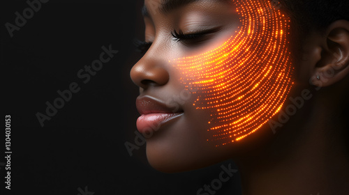 A close-up of a woman's profile, illuminated by swirling orange light patterns on her face against a dark background.