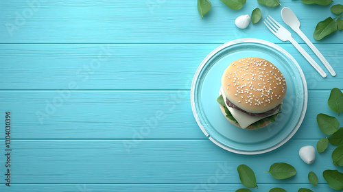 A delicious burger on a turquoise plate, surrounded by green leaves, set against a bright wooden background.