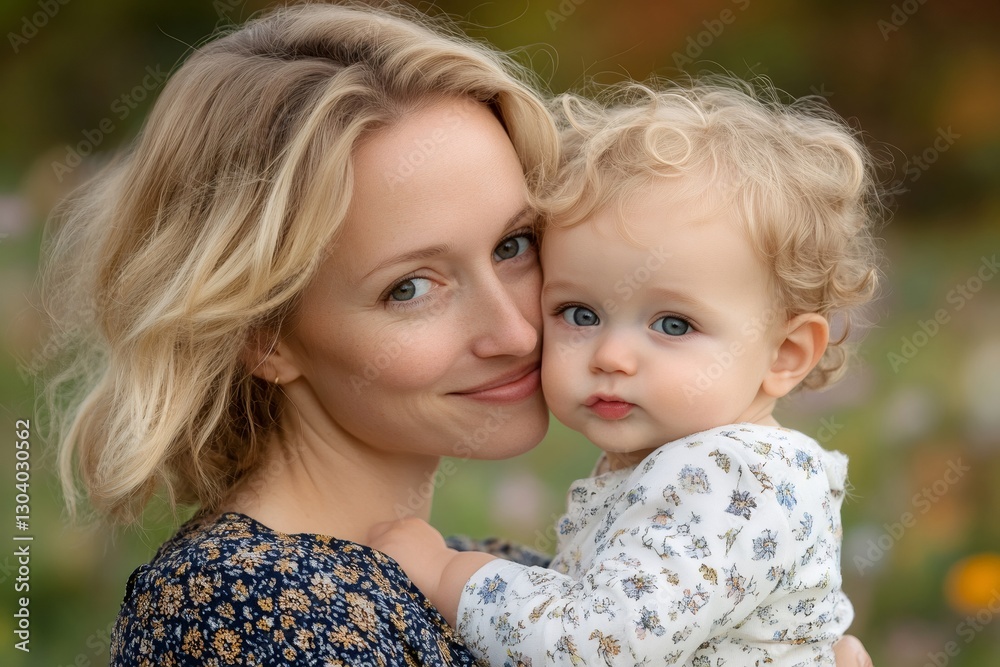 Mother holding her blonde baby in a field Mother holding her blonde baby in a field
