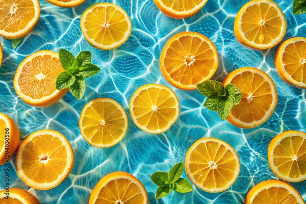 Fototapeta premium Creative summer composition made of sliced orange in transparent pool water. Healthy refreshing drink theme. Top view