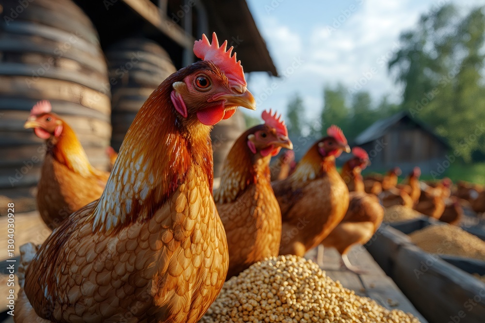 Fototapeta premium Hens eating cereals in a chicken coop at sunset