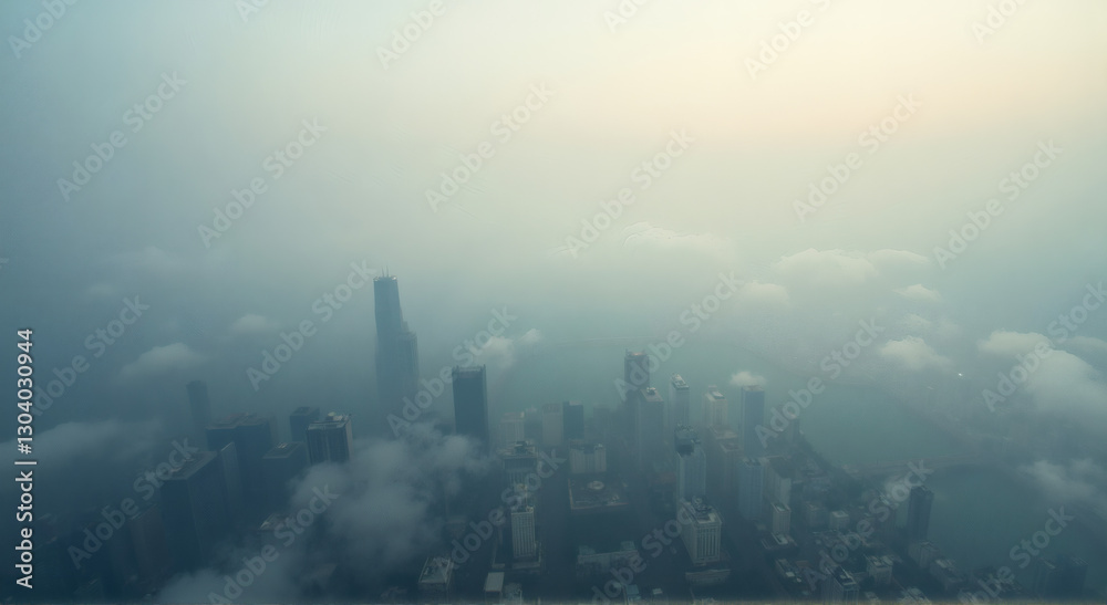 Aerial City Smog Pollution, An aerial view of a metropolis hidden beneath a thick blanket of smog. The hazy layers mix with natural clouds Aerial City Smog Pollution, An aerial view of a metropolis hidden beneath a thick blanket of smog. The hazy layers mix with natural clouds