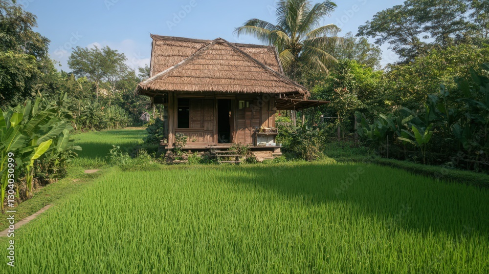 Traditional Thatched-Roof House in a Lush Green Rice Paddy Field Traditional Thatched-Roof House in a Lush Green Rice Paddy Field