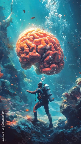 A scuba diver observes a large brain beneath the ocean surface