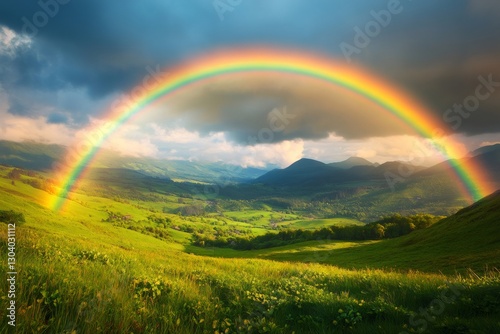 Bright rainbow appearing over green mountain valley after the rain