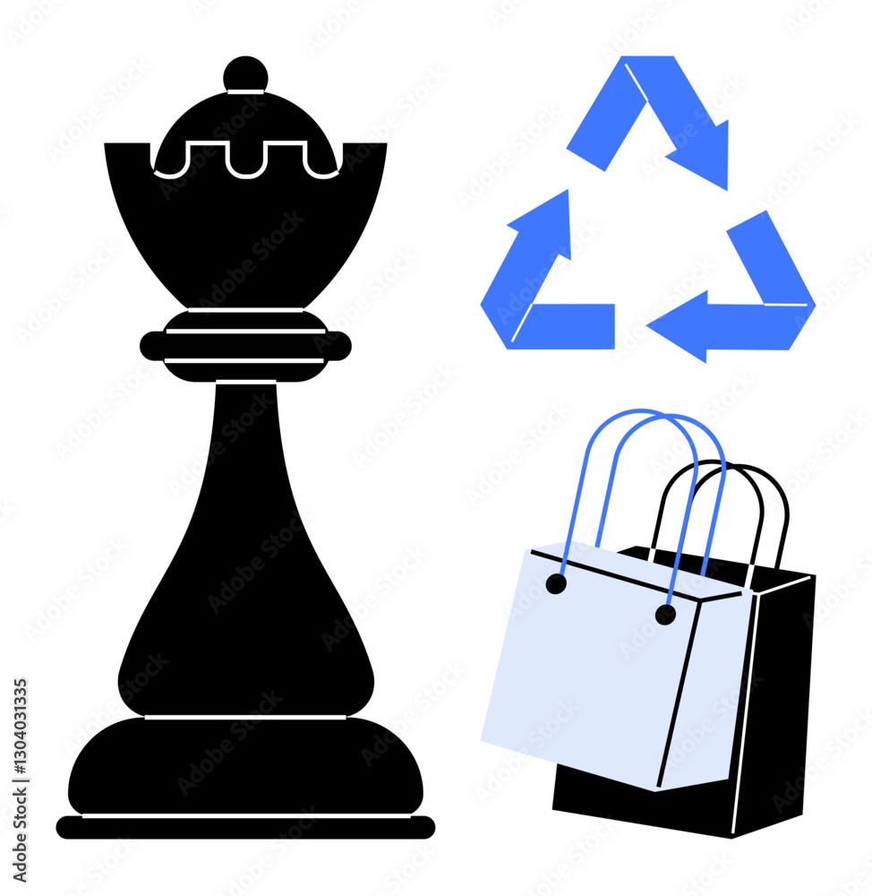 Chess rook silhouette, blue recycling symbol, and shopping bags. Ideal for strategy, sustainability, commerce, eco-friendly shopping, environmental awareness, business strategy retail marketing Chess rook silhouette, blue recycling symbol, and shopping bags. Ideal for strategy, sustainability, commerce, eco-friendly shopping, environmental awareness, business strategy retail marketing