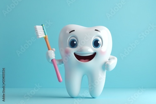 Cheerful Cartoon Tooth Character Holding a Colorful Toothbrush