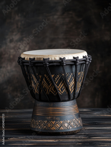 A handcrafted bongo drum on a black wooden table