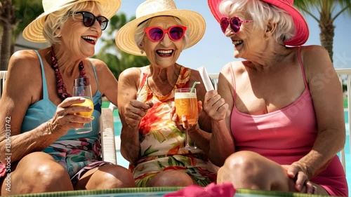 Three elderly ladies in straw hats and glasses in front of the pool with fruit, cocktail, sunscreen