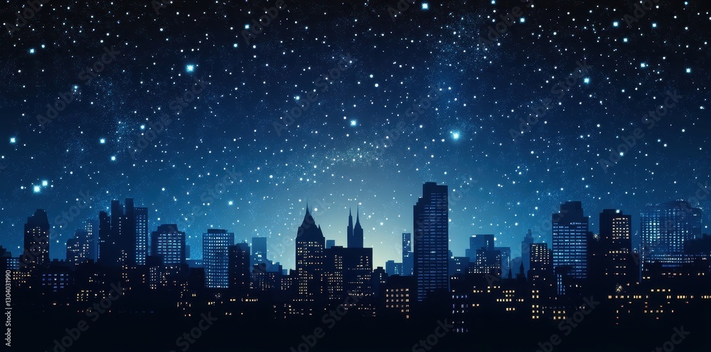 A Beautiful City Silhouette Beneath a Sparkling Night Sky A Beautiful City Silhouette Beneath a Sparkling Night Sky