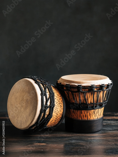 A handcrafted bongo drum on a black wooden table