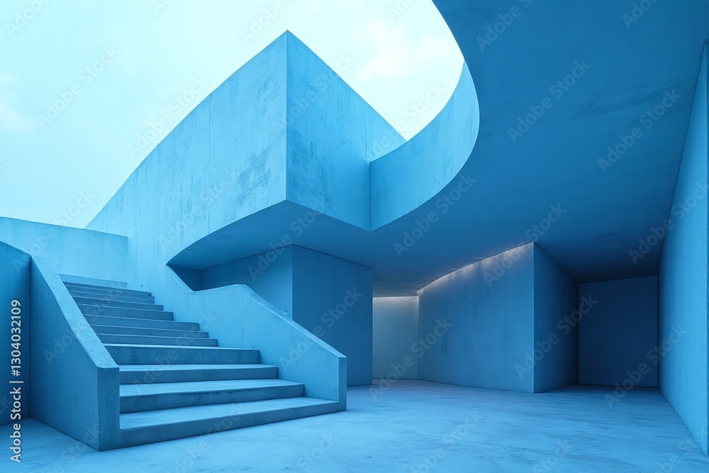 Obraz premium Modern Blue Architectural Interior with Unique Staircase Design