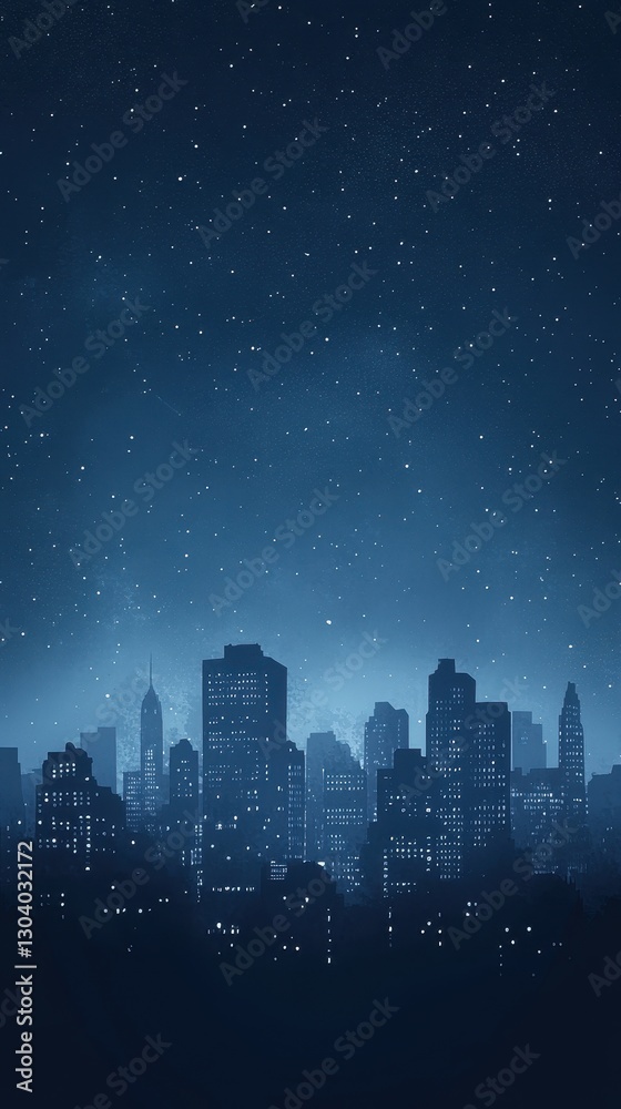 City skyscrapers silhouetted under a night sky filled with stars City skyscrapers silhouetted under a night sky filled with stars
