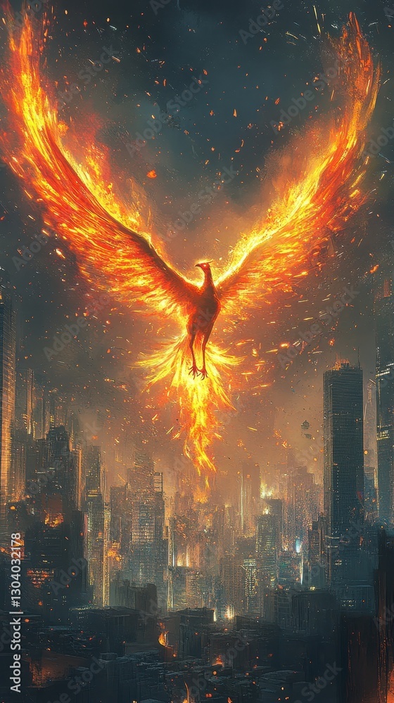Obraz premium A fiery bird of legend is rising above the city