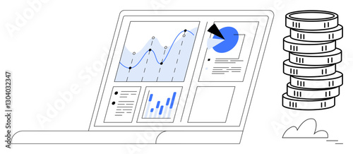 Laptop screen showcases charts, financial graphs, and data insights with a focus on growth. Stack of coins emphasizes financial success. Ideal for business, analytics, finance, investment, growth