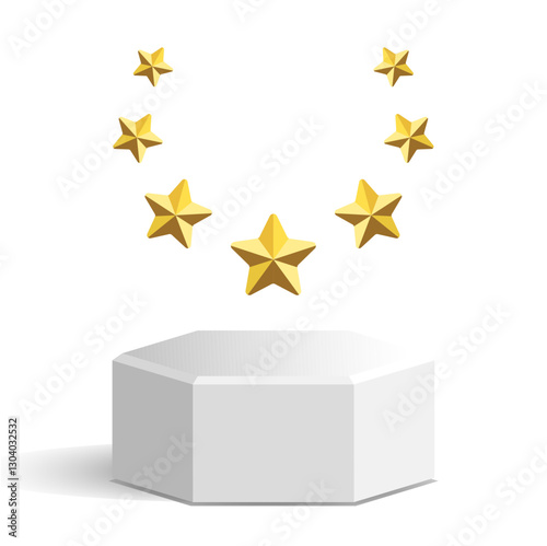 Hexagon podium with golden stars floating above, symbolizing achievement, excellence, and ranking. Perfect for awards, ratings, success, and competition concepts.