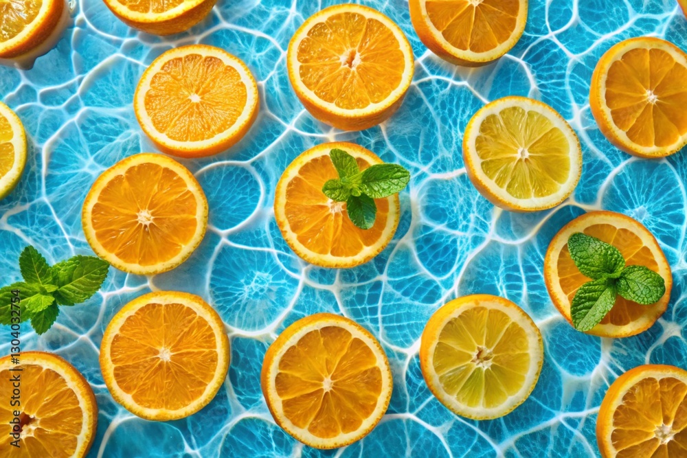 Creative summer composition made of sliced orange in transparent pool water. Healthy refreshing drink theme. Top view Creative summer composition made of sliced orange in transparent pool water. Healthy refreshing drink theme. Top view