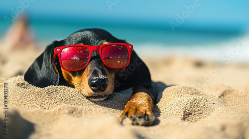 Black and tan dachshund in red sunglasses buried in sand, enjoying summer vibes by the ocean.

