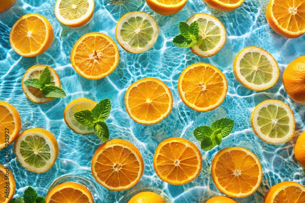 Obraz premium Creative summer composition made of sliced orange in transparent pool water. Healthy refreshing drink theme. Top view