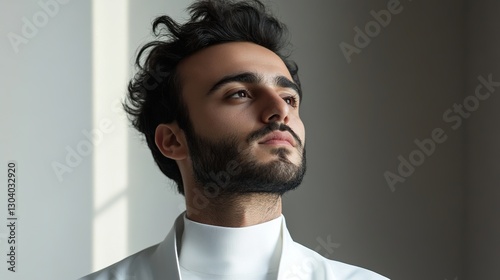 Confident man in futuristic attire, soft light enhancing his poised demeanor, embodying modern elegance and forward-thinking vision.
