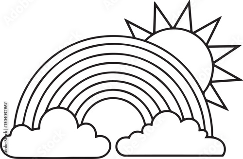 Cute sun peeking out from behind the rainbow outlined for coloring page isolated on white background