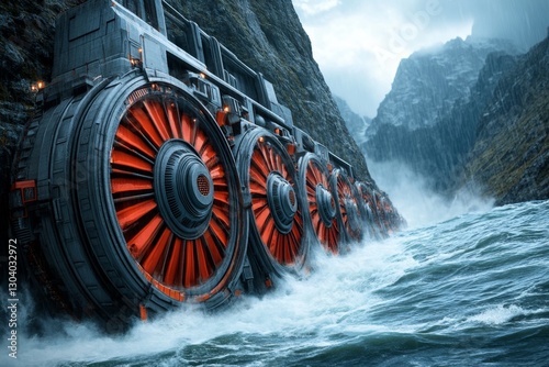 A cyberpunk hydroelectric facility with neon-lit turbines spinning at high speed, generating power for a futuristic megacity
