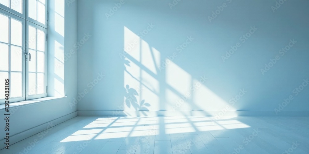 Fototapeta premium Serene Sunlight Illuminating an Empty Room with White Walls and a Large Window, Casting Gentle Shadows on the Floor and Walls