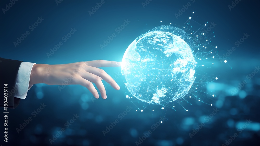 Touching the digital globe virtual space technology concept futuristic environment close-up view global connectivity Touching the digital globe virtual space technology concept futuristic environment close-up view global connectivity