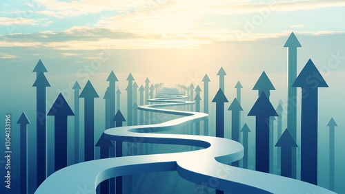 Pathway of rising arrows serene landscape digital illustration motivational concept elevated viewpoint