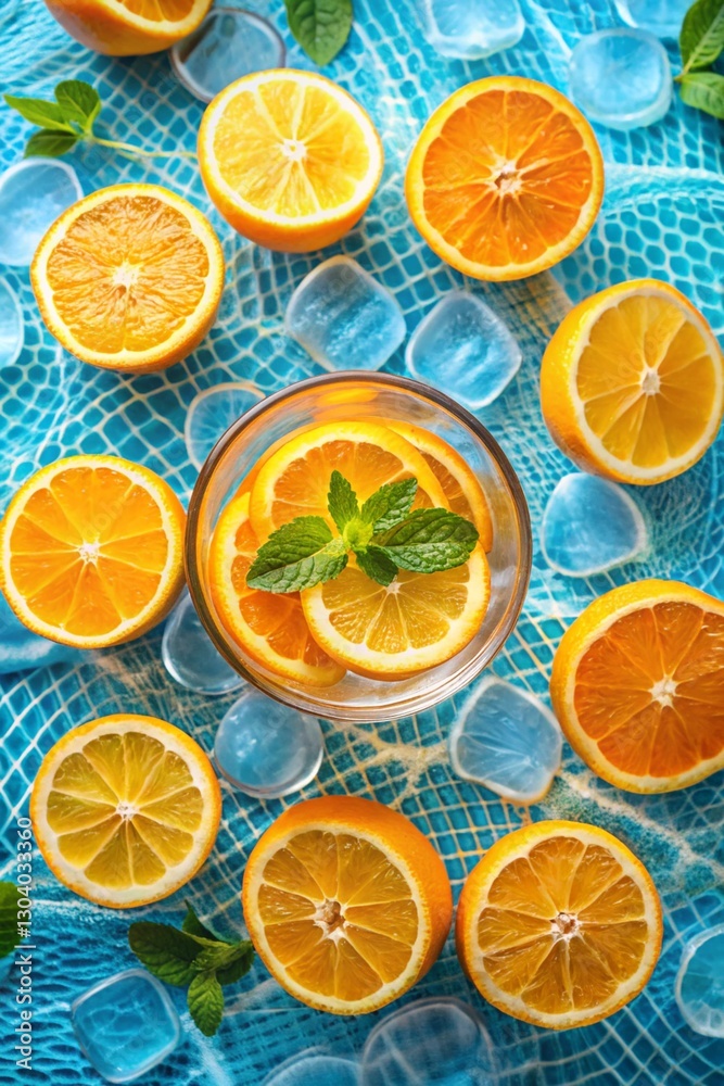 Creative summer composition made of sliced orange in transparent pool water. Healthy refreshing drink theme. Top view Creative summer composition made of sliced orange in transparent pool water. Healthy refreshing drink theme. Top view