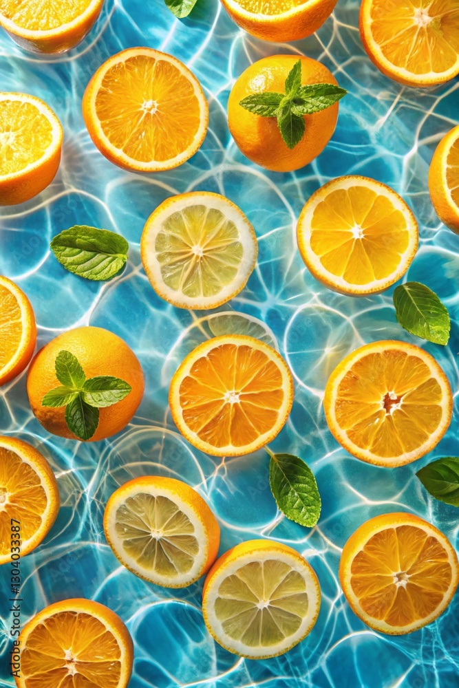 Creative summer composition made of sliced orange in transparent pool water. Healthy refreshing drink theme. Top view Creative summer composition made of sliced orange in transparent pool water. Healthy refreshing drink theme. Top view