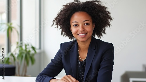 Young female executive exudes confidence in a navy blazer, seated at a modern desk, embodying professionalism and leadership.

