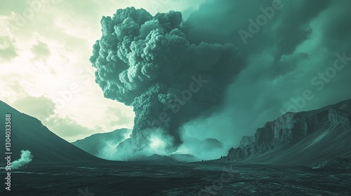 Volcanic ash cloud under green-tinted sky, illustrating atmospheric cooling and historical climate impact.
