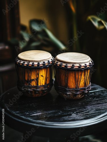 A handcrafted bongo drum on a black wooden table