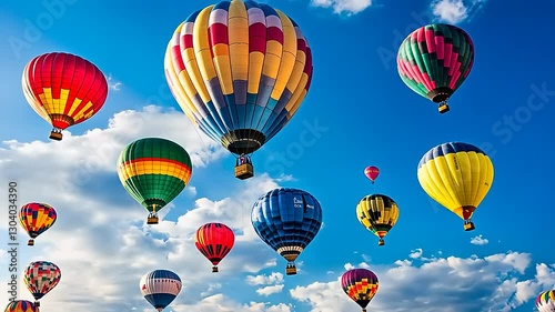 Colorful hot air balloons soaring in a bright blue sky with fluffy clouds and scenic landscape below