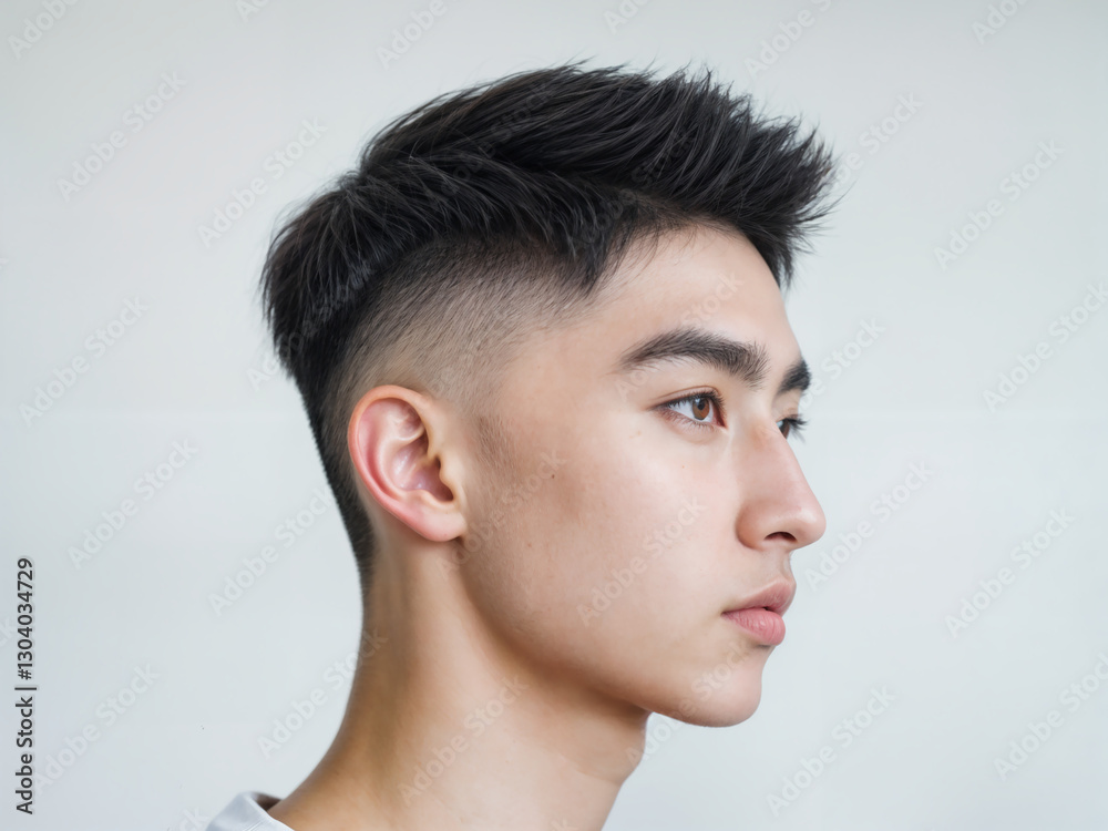 Side profile of a young man with short spiky hair, clear skin, and intense eyes, showcasing a modern, stylish look against a simple background. Side profile of a young man with short spiky hair, clear skin, and intense eyes, showcasing a modern, stylish look against a simple background.