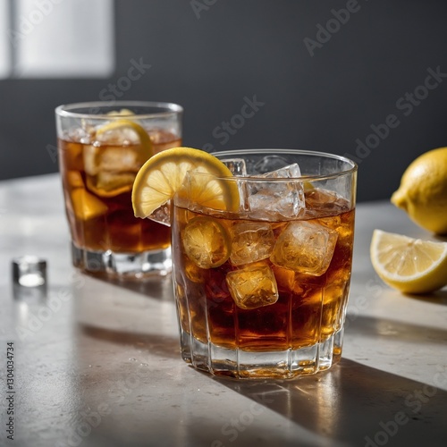 Glass of iced tea with lemon isolated on a white background, generative ai. A glass of tea. Summer Scene, Iced Tea with Lemon and mint on a garden table in bright sunshine.. Iced Tea