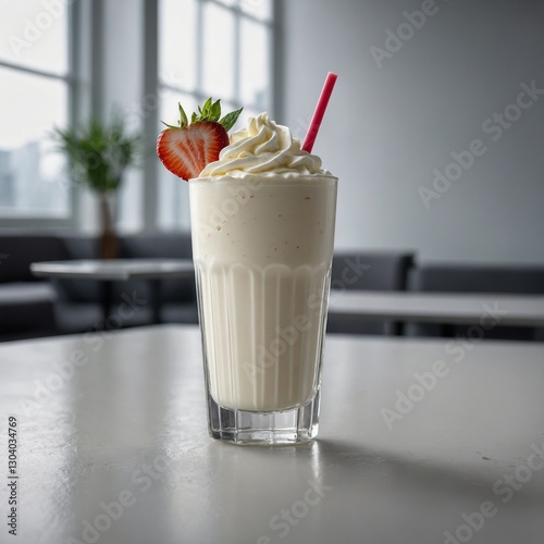 a crystal-clear glass filled with a delicious strawberry milkshake. The photorealistic image showcases the beverage in high detail  A creamy milkshake being poured into a tall glass with whipped cream