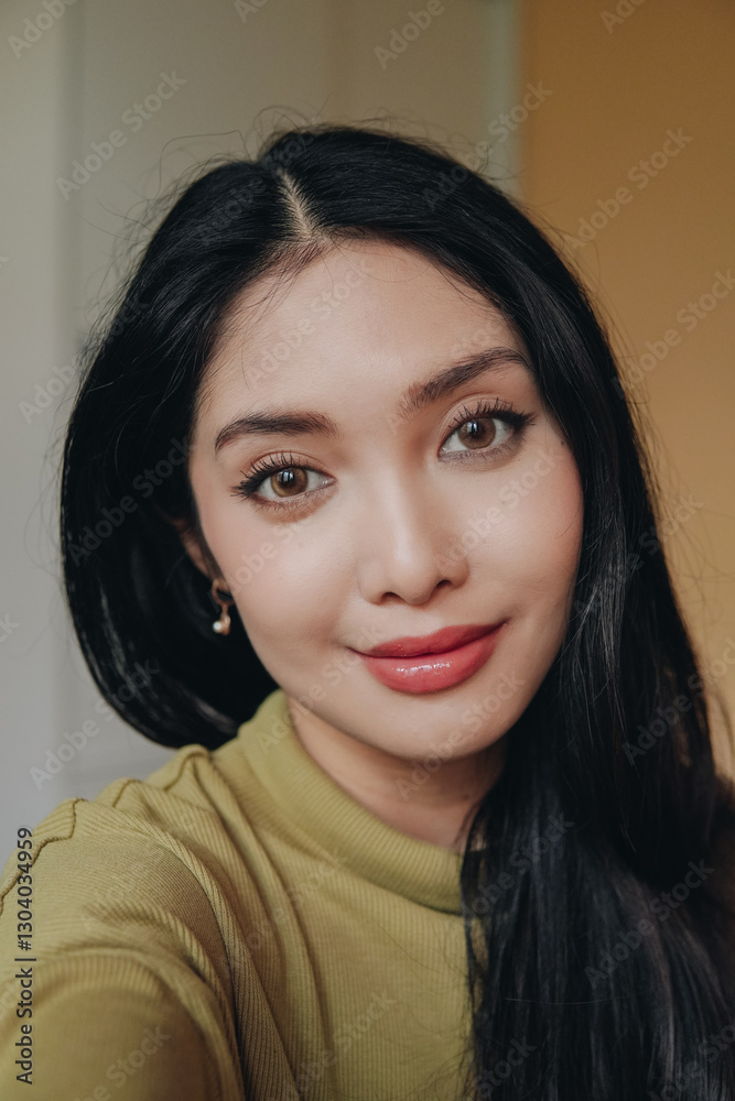 Fototapeta premium Beautiful young Asian woman wearing contact lenses and full make up taking a selfie.
