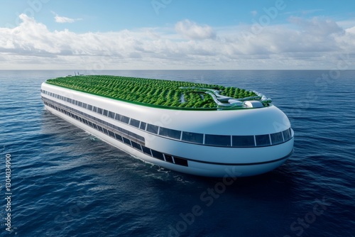 A digital illustration of a futuristic floating farm, designed to sustain life in a world affected by rising seas