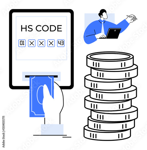 Hand inserting cash, HS code on screen, coins, and business expert analyzing. Ideal for trade, finance, tax, customs logistics global business economic management. Flat simple metaphor