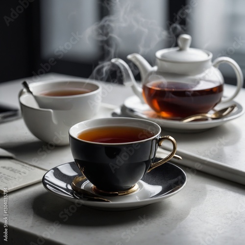 Authentic Chinese Porcelain Tea Set AI Photo  cup of tea  a cup of warm tea in the morning  white cup with black tea and teapot on black table Cup of tea and teapot breakfast drink and food concept