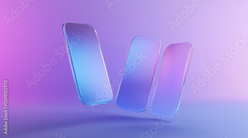 3d render of a 3d rendered illustration of a symbol on a red,3D render of minimalistic holographic glass rounded shapes floating in the air, with a purple and blue gradient background. 
