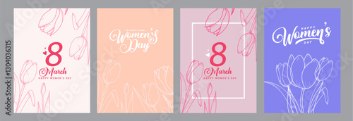 Women’s Day Poster Set. Set of Floral Posters for 8 March. Flower design Women’s Day Greeting Cards. Women Day background Templates with Floral Line Art.