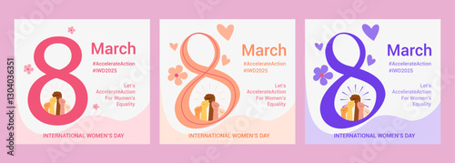 Accelerate action trendy art collage banner for International Women's day Set. IWD 2025 campaign for women's equality. Modern retro mixed media vector illustration with cut out female strong hand