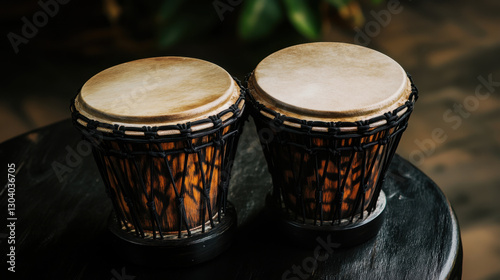 A handcrafted bongo drum on a black wooden table