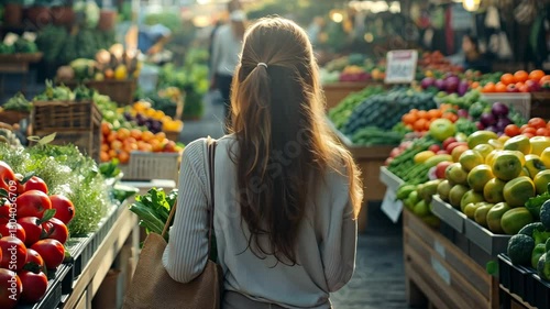 A young lady with a reusable tote bag at a farmers' market